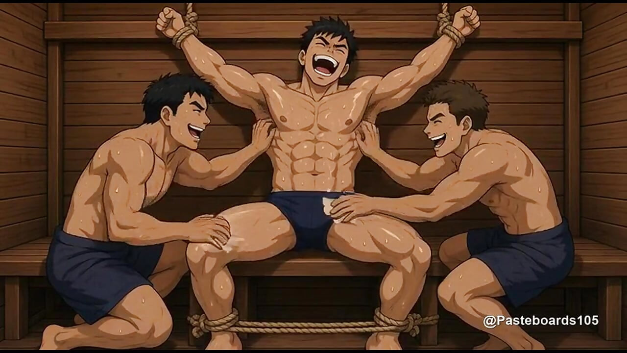 Sauna Bench Bound II - Sweat-Slick Muscle Jock Tickled On Armpits And Abs (2D Anime Bara)