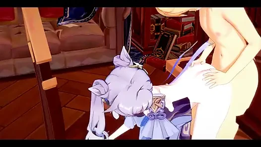 Genshin Impact, хентай - Aether X Ganyu дрочка и трахнутый - японское азиатское аниме-игра манга, порно