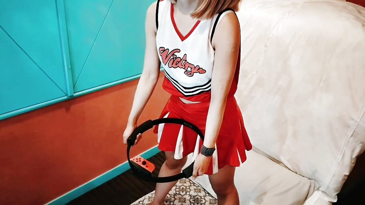 A cute busty married woman exercises 2 in a sexy cheerleader costume. Home made amateur Private Shoot