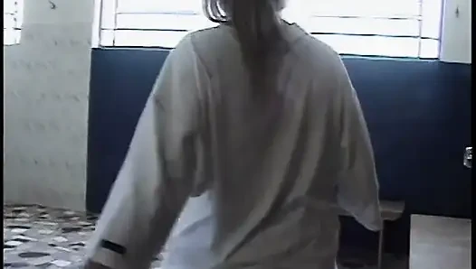 Cheerleader is on her knees sucking a cock then rides it