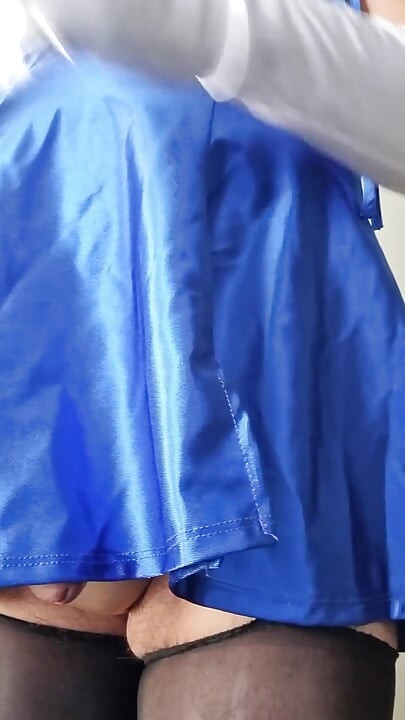 Handsfree Masturbation Until I Ejaculate My Sissy Milk in My Blue Satin Dress and Nylon Lingerie