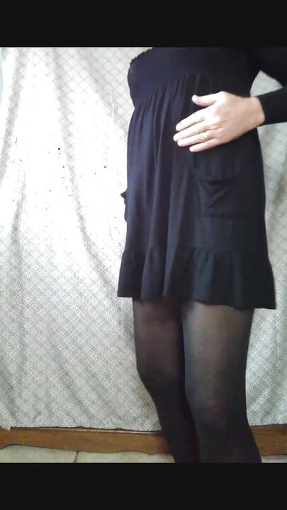 CD, black pantyhose, dress. Masturbates and cum.
