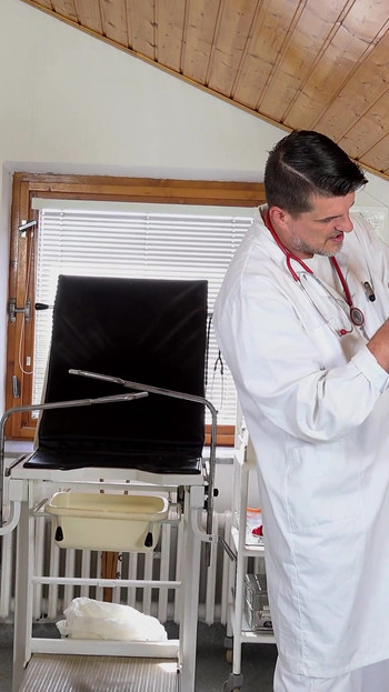 Iconic moment from "Anita Blanche examined and made to cum in gyno chair by two doctors"