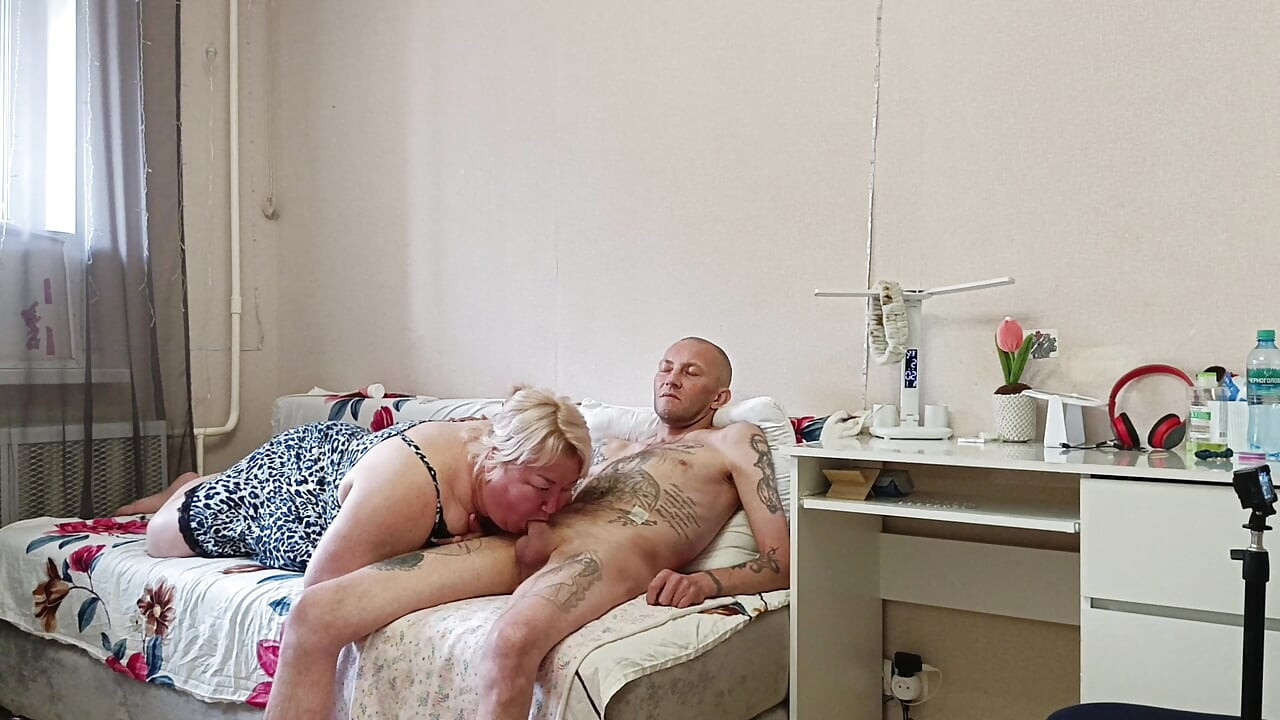 Mother-in-law sucks cock and gets cum in her throat