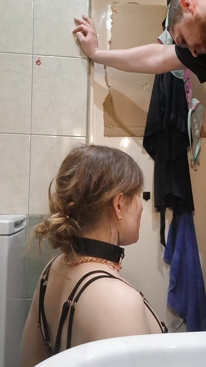 Husband with big cock and wife with tight pussy, in the bathroom have a few moments for each other