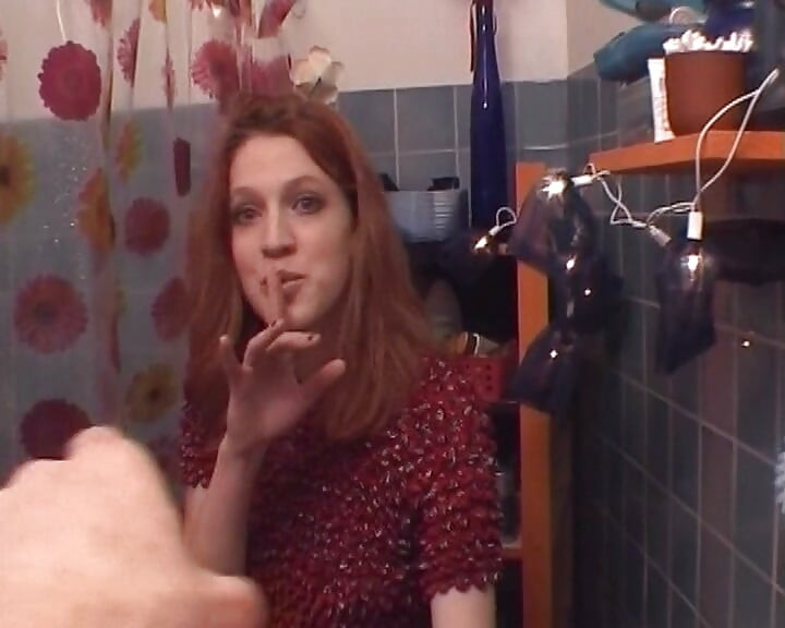 Redhead Stepsis From France Playing with Two Cocks