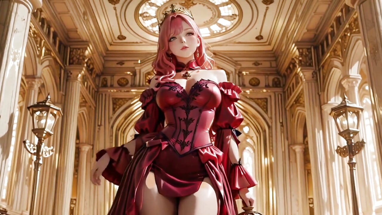 クリムゾンスローン ピンクの女王の戴冠式！深紅のシルク、金のゴブレット、そして玉座からの怠惰な視線。純粋なファンタジー