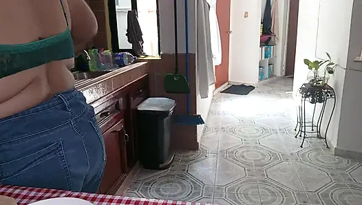Mom in the kitchen in bralett