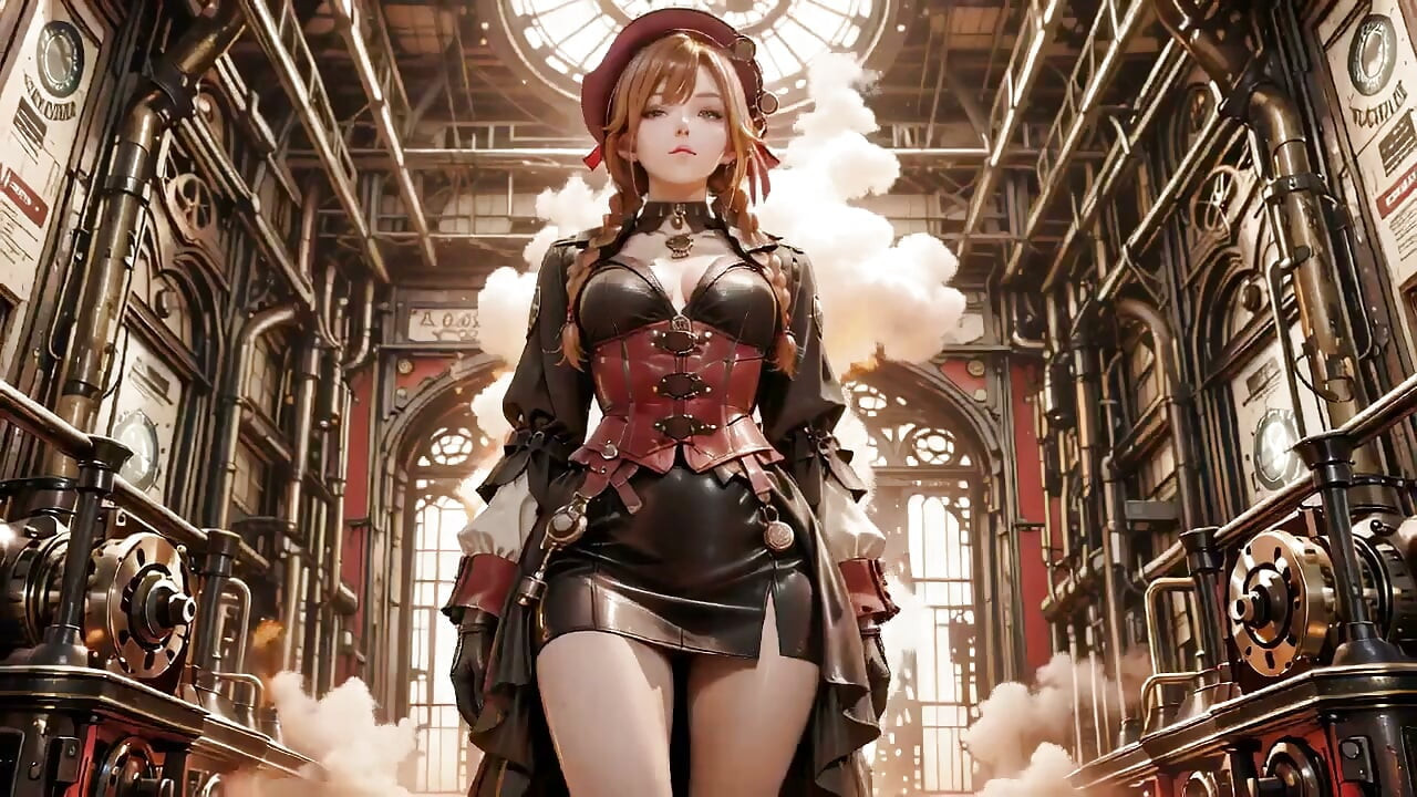 Red-haired Steampunk Girl! Black Bodysuit Tease Against a Pure White Backdrop, From Elegant Standing to a Kneeling Gaze.