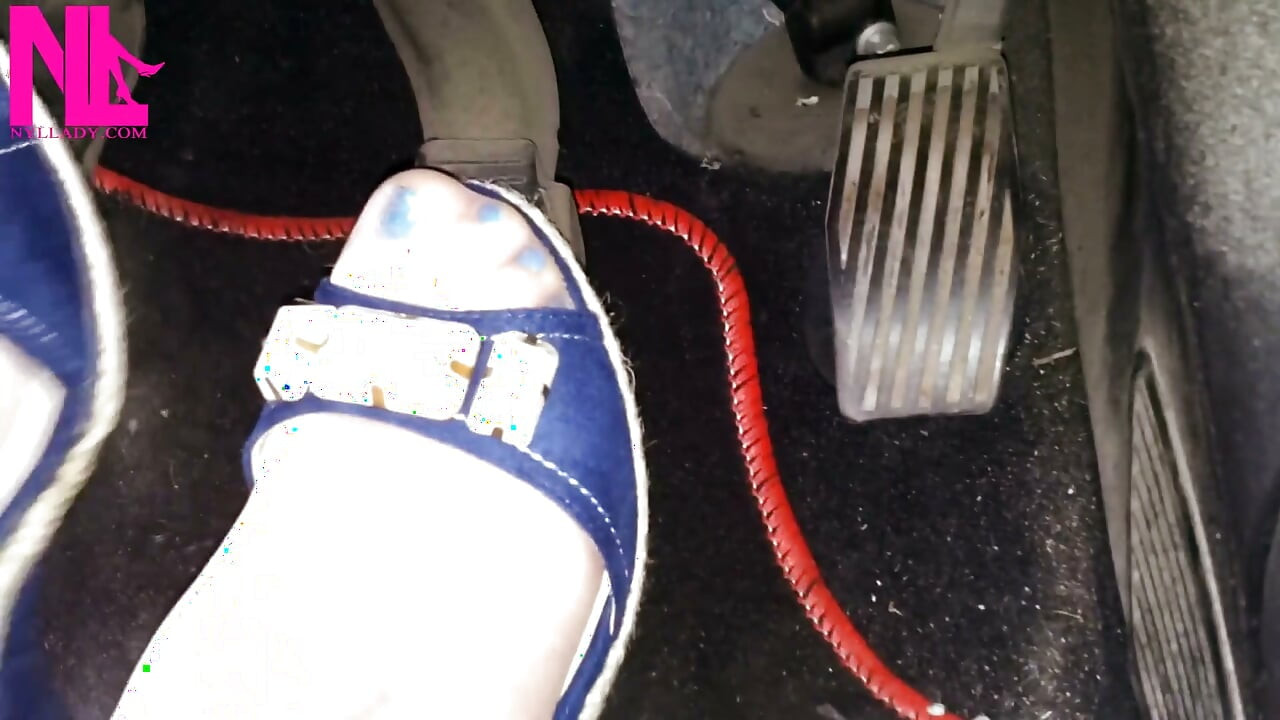 Driving and Revvig in Blue Wedges on My Hosed Feet
