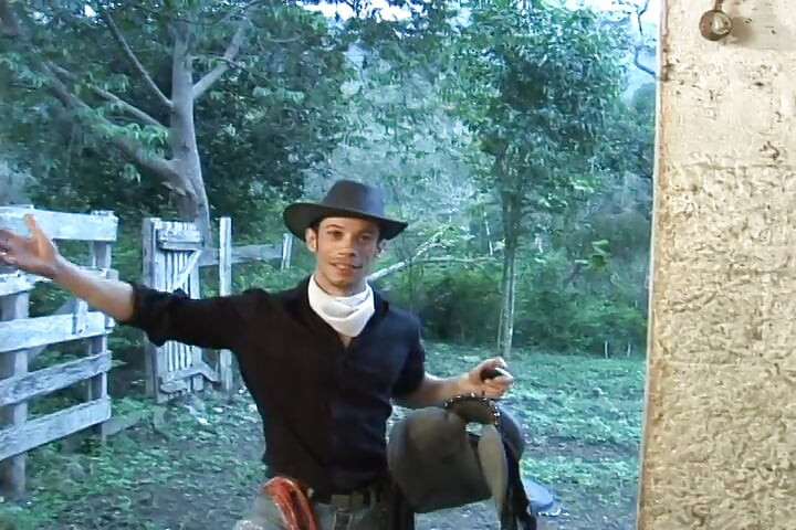 热辣的牛仔在干草里啪