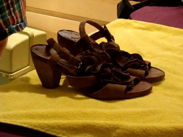 Cumming on girfriend's brown wedge sandals