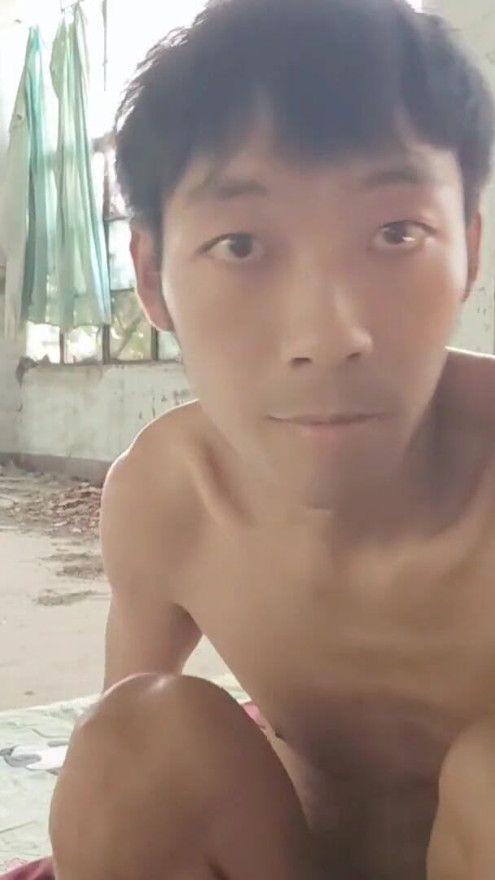 Super Asian boy moans, masturbates, cums and eats cum in old factory workshop | Clip 1