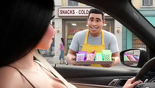Si cewek seksi rambut cokelat menggoda pedagang makanan ringan di dalam mobil dengan toket besar dan garis kecokelatan - eksibisualis hot bagian 1 (ai generated)