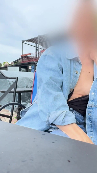 Daring exposure of my sexy boobs with pierced nipples in public bar outside | Clip 1