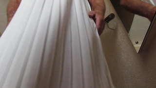 My white pleated dress red slip no panties