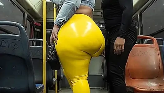 "Masked BBW Teases Huge Ass in Shiny Yellow Leggings on Public Bus"