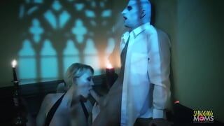 A pale vampire pounds the blonde milf with big tits on the staircase before giving her a facial