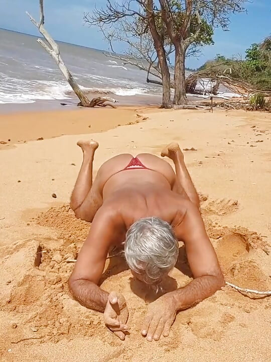 Ladysilva on the Beach Showing off His Hot Ass in Red Panties