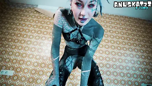 Full-Body Ink & Metal Piercings – Black Leather & Heels, Brutal Chair Riding Session with Monstrous Black Dildo