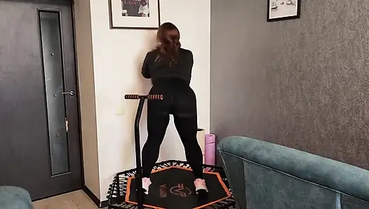 Hot Chubby Stepmommy in Tight Leggings on a Trampoline Gets a Hard Cock in Her Mouth and Pussy