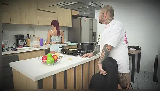 MILF Eager for Cock, Gets Fucked in Front of Her Stepdaughter in the Kitchen