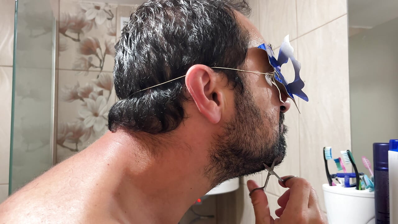 Grooming Routine Earl Smile Trimming Beard With Scissors In Bathroom