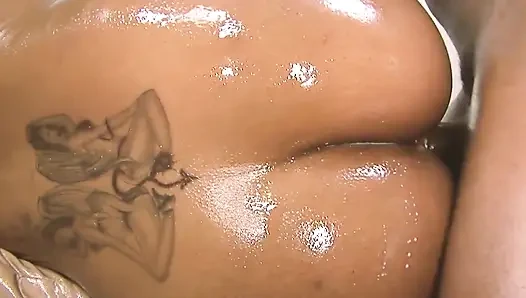 Hottest Busties Scene 4: a Voluptuous Black Woman with Large Oiled Tits Enjoys a Big Cock in Her Pussy and a Creampie