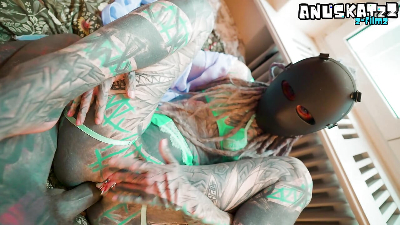 Tattooed masked girl ANAL fuck and pussy covered in cum