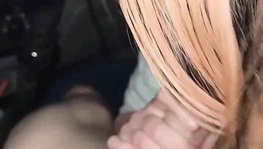 Cute babe gives my huge dick a hot blowjob in the car