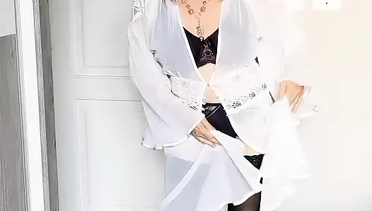 Mature Striptease: White Robe & Violet Lace