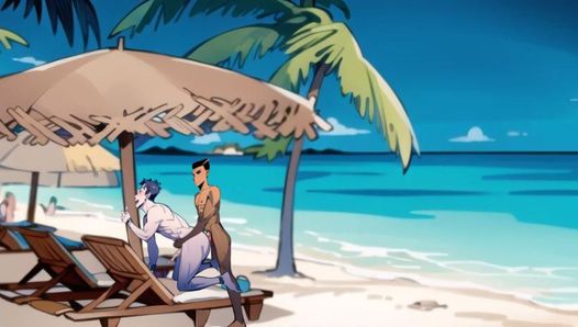 Межрасовая гей-пара на пляже, анальный секс, хентай мультфильм анимация