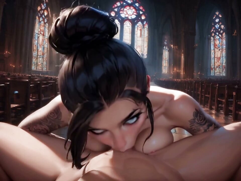 Anime Ai mitt i en storm, vi söker skydd från regnet i en katedral.