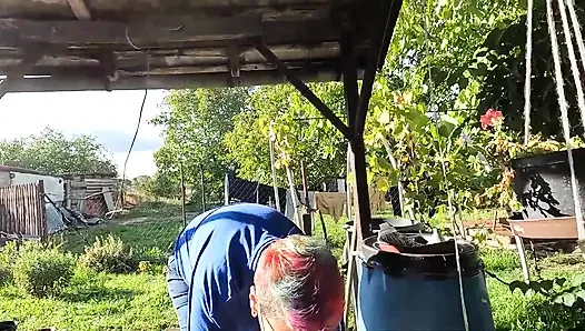 Outdoor Ball Sucking Blowjob with Cum in Mouth in the Garden