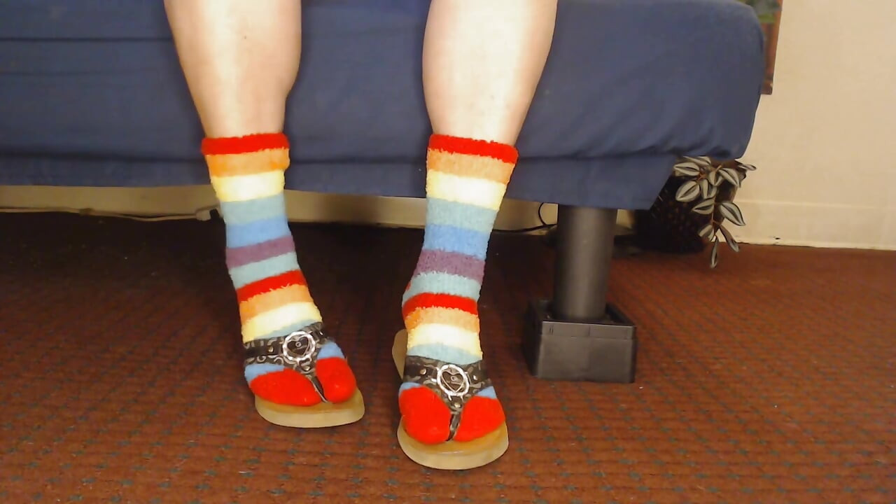Fuzzy Rainbow Socks Guess Leather Flip Flops