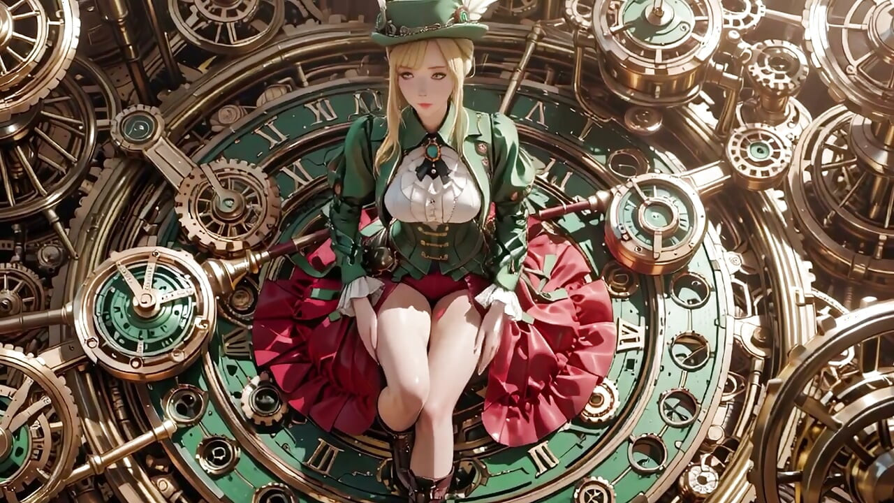 Secretară blondă Steampunk! Poze leneșe printre roți dințate uriașe, ajustându-și ochelarii cu o privire provocatoare.