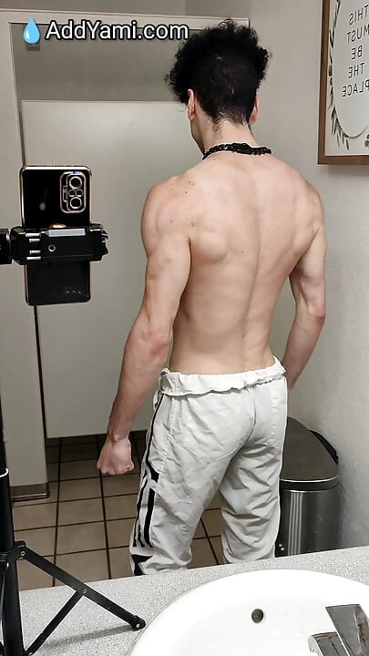 Student gets butt ass naked in school gym and strokes giant cock