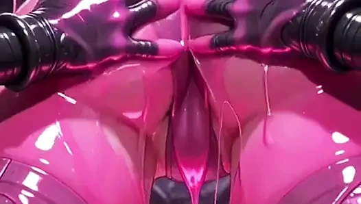 Peri gadis anime pink dengan setelan tempur merah muda, diusap pakai selang