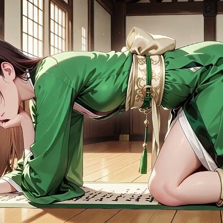 Mit einer Short auf der tatami knien, ihre Augen sind hakelig. Sonnenlicht trifft ihre nasse Haut, während sie von heiter nach verführerisch fährt.
