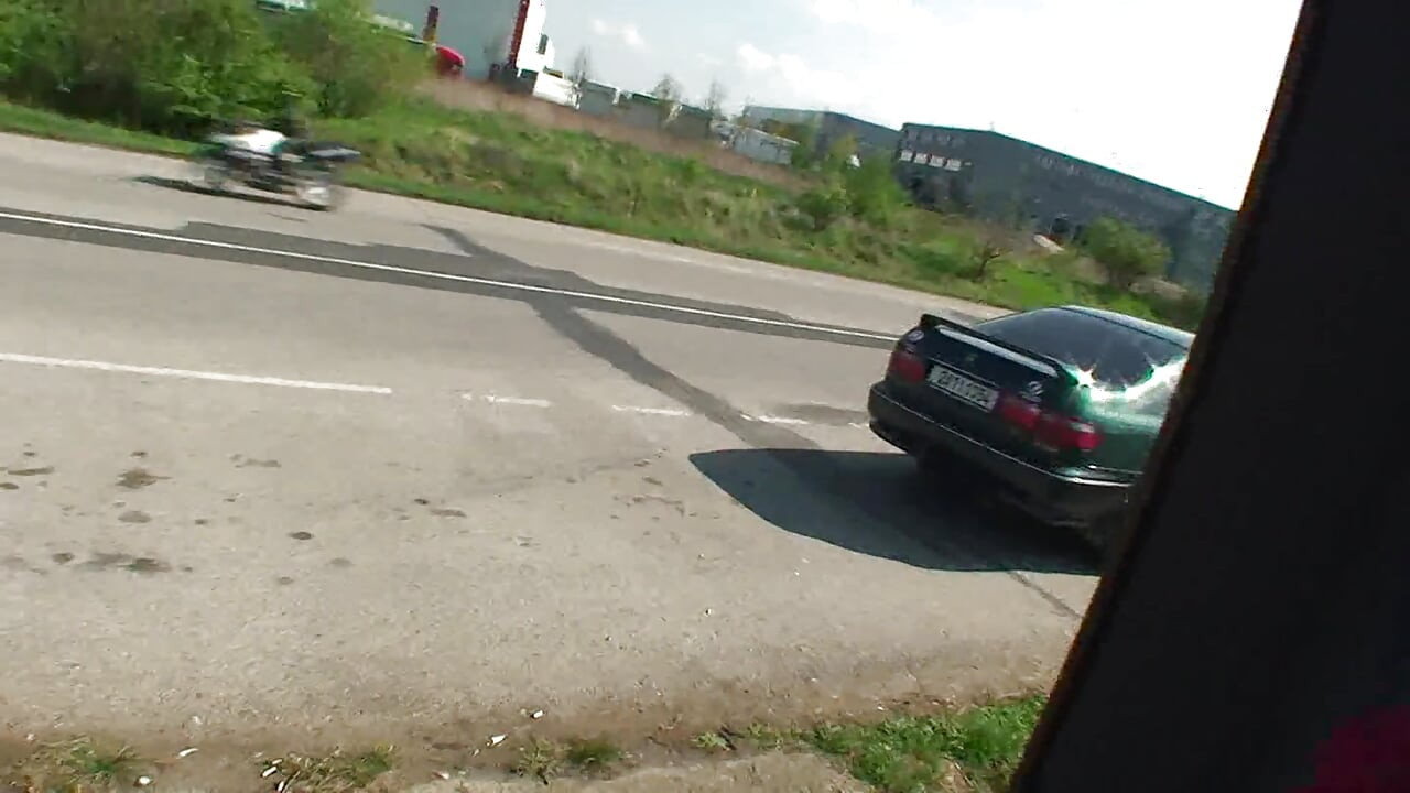 Picked up brunette teen blowing and riding two dicks