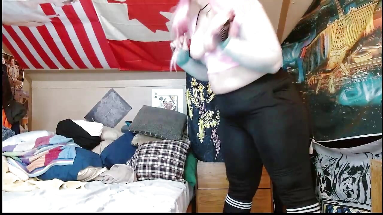 Chubby sissy having fun stripping down and showing off her make up