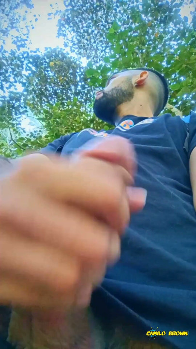 Big uncut cock latino jerking outdoors in the woods and eating his tasty cum careful not to get caught | Clip 1
