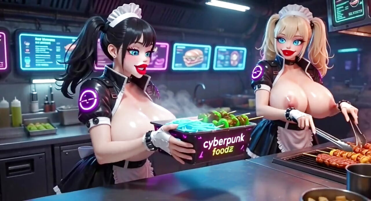 Kaksi söpöä naista työskentelee Cyberpunk Cornerissa, Ai Animation