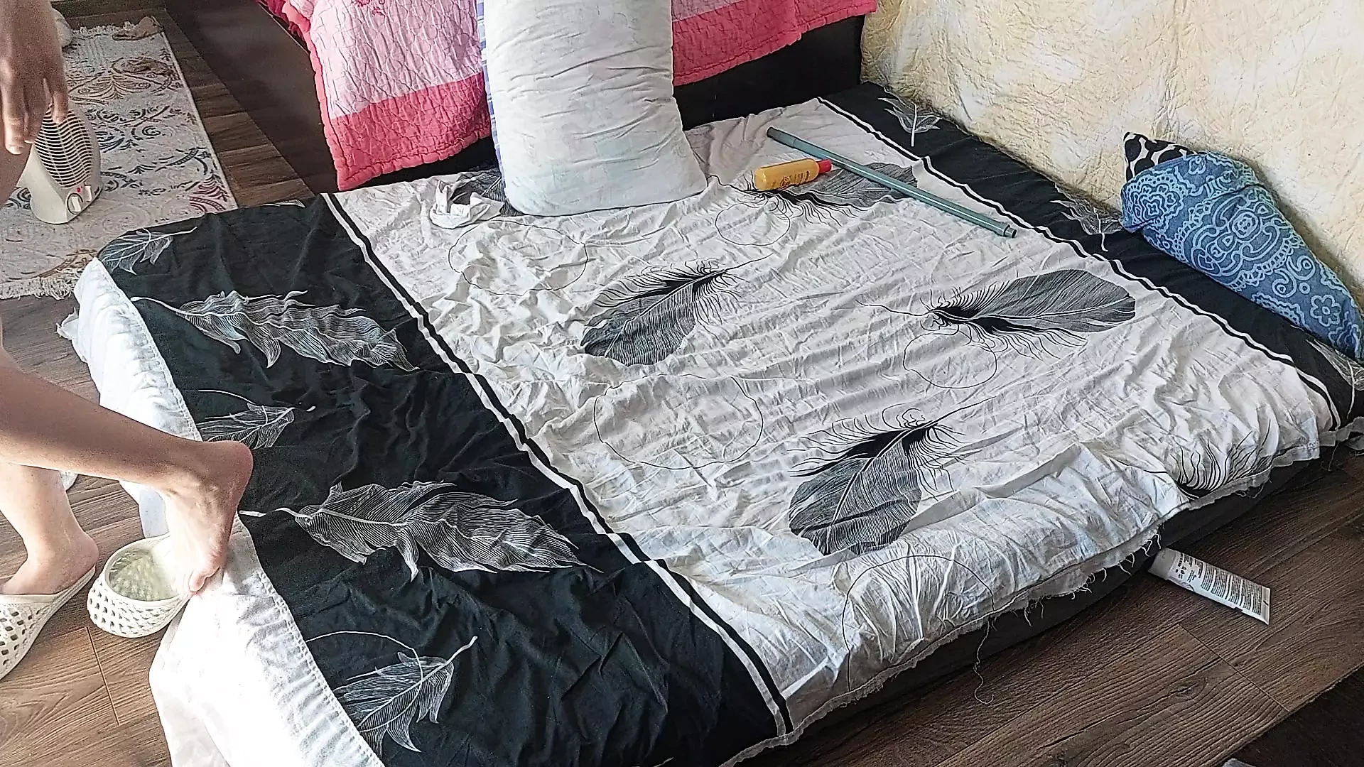 Amateur couple having crazy sex in the bedroom. Hot foreplay with a couple, oil massage on the body.