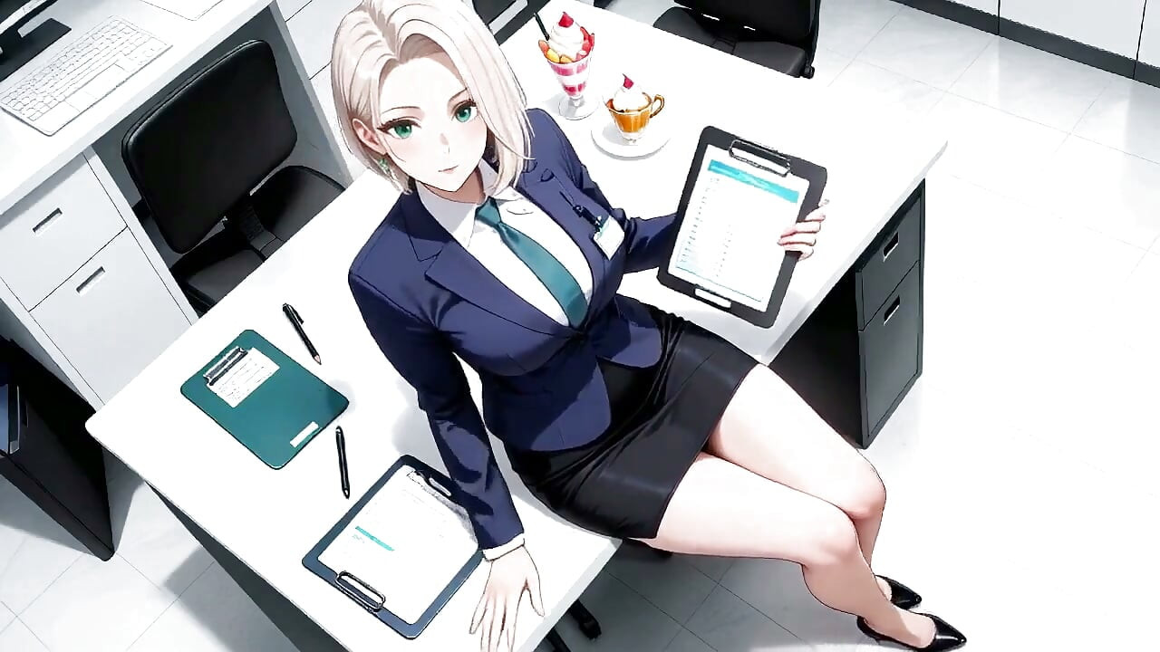 Kneeling on the Desk Amidst Piles of Files, Adjusting Her Collar with Those Teasing Eyes. Who Can Handle This?