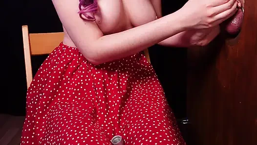 Massive cumshot almost hitting a camera. Gloryhole femdom handjob.