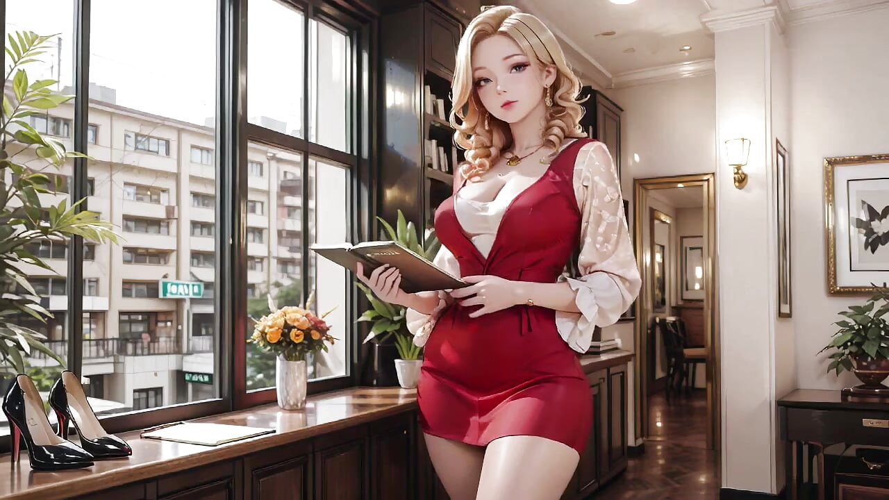 Blonde Boss in Rot! Faules Beinüberschlagen auf dem Ledersofa, direkt in deine Augen starrend. Hand auf dem Laptop, verführerisch und unberechenbar.