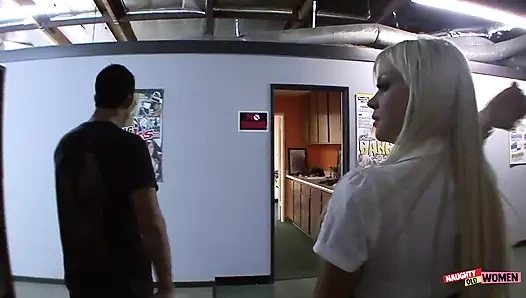 Sweet blonde with huge tits Nikita Von James sucks and rides a huge cock