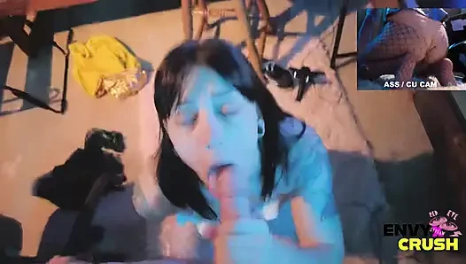 Gamer Girl in Fishnets Gets on Her Knees