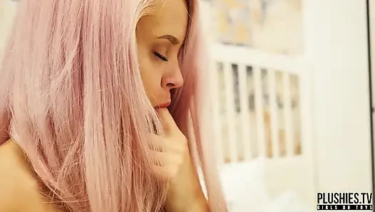 Shy pink hair student dancing naked with stuffed toy
